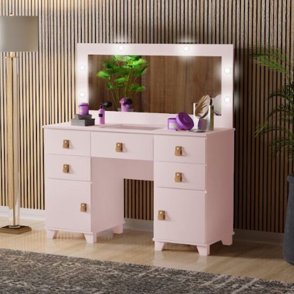 Penteadeira Mdf Madri Rosa 5 Gavetas 2 Portas Espelho Led