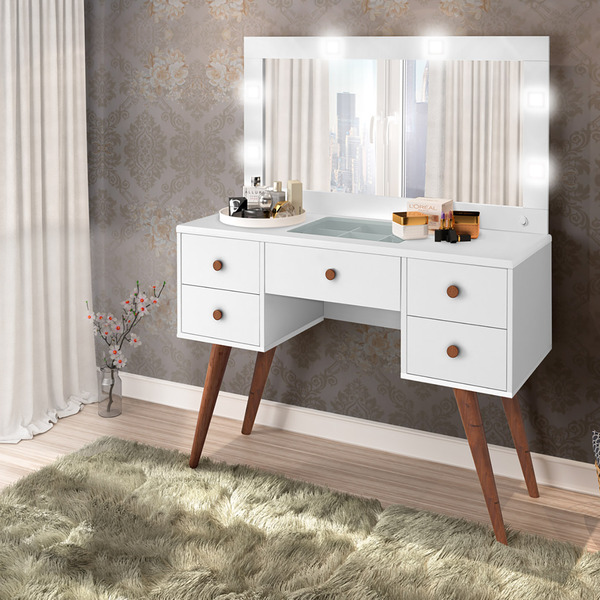 Penteadeira Retro 5 Gavetas Arizona Com Led E Espelho Complet