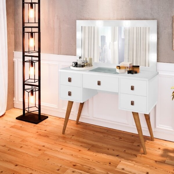 Penteadeira Retro Com Espelho E 05 Gavetas Genebra Branco