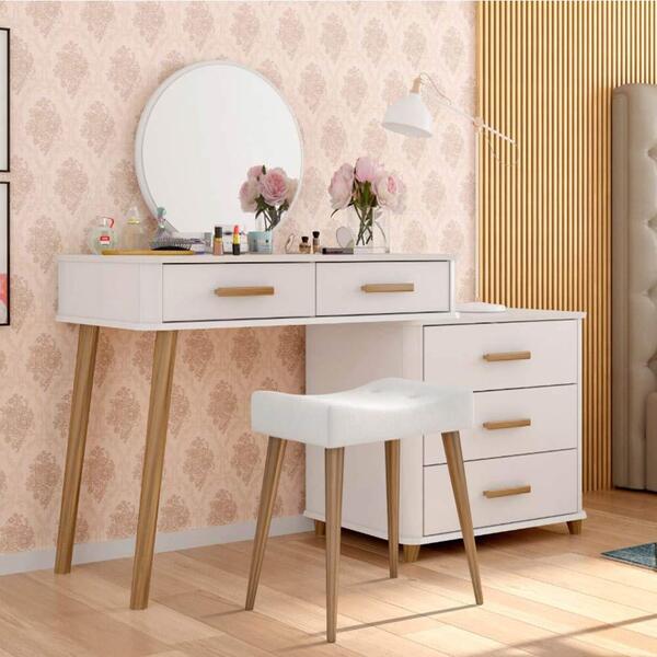 Penteadeira Retrô Com Espelho E Banqueta Branca Freijó Maitê
