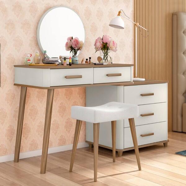Penteadeira Retrô Com Espelho E Banqueta Freijó Off White Mai