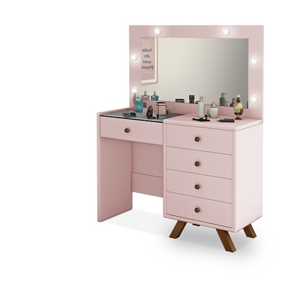 Penteadeira Rosa Com 5 Gavetas + Led Bivolt + Espelho Luxo