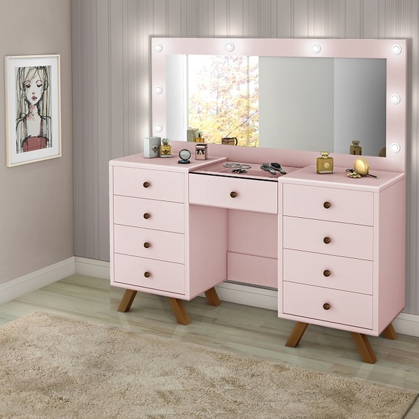 Penteadeira Rosa Com 9 Gavetas + Led Bivolt + Espelho