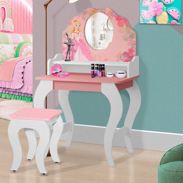 Penteadeira Simples Infantil Com Espelho Rosa Encanto Valen