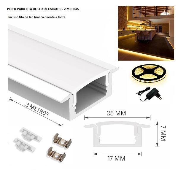 Perfil Alumínio Branco Embutir + Fita Led Quente + Fonte 2m