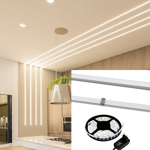 Perfil Alumínio Branco Sobrepor + Fita Led Frio + Fonte 2m