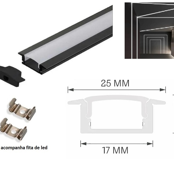 Perfil Alumínio Slim 25mm Preto Para Fita Led Embutir 2m