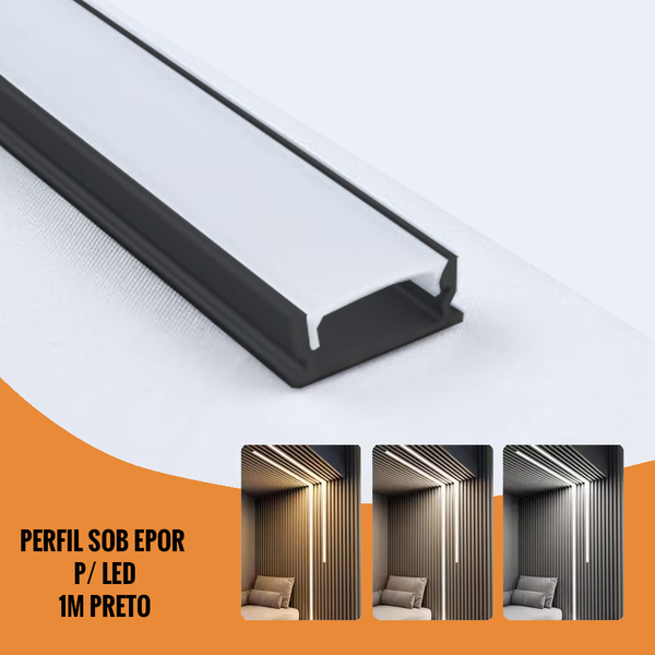 Perfil Slim Sobrepor 17mm X 7mm, Preto Com Difusor Branco 1 M