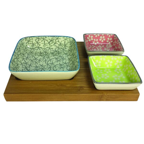 Petisqueira De Bamboo E Cera Mica Com 3 Bowls