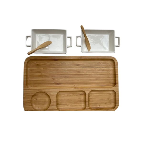 Petisqueira De Bambu 4 Espaços E 2 Cumbucas Porcelana Reta