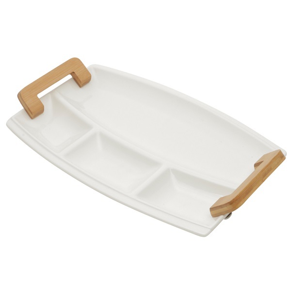 Petisqueira Porcelana Branca Com Alca De Bambu 37 X 22 X 5cm