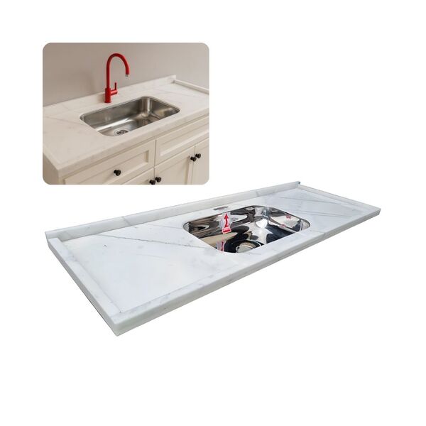 Pia Cozinha Mármore Branco 120cm Cuba Inox Acabamento Duplo