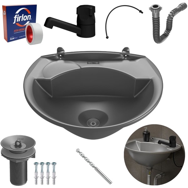 Pia Lavatório 4l Prata + Sifão Sanfonado + Torneira Preta + E