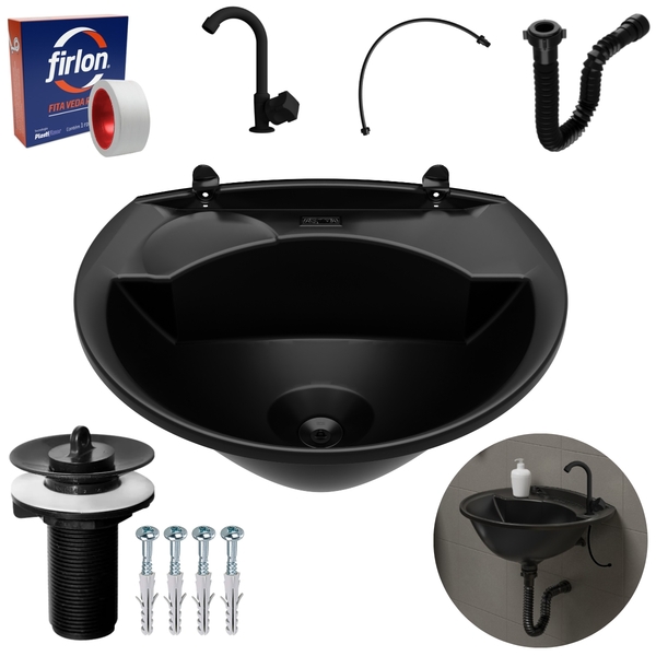 Pia Lavatório Banheiro 4l + Torneira Preta + Sifão Universal