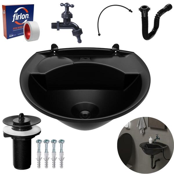 Pia Lavatório Banheiro 4l + Torneira Preta Reforçada + Sifão