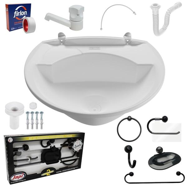 Pia Lavatório Banheiro Plástico 4l Branca + Kit Para Banheiro