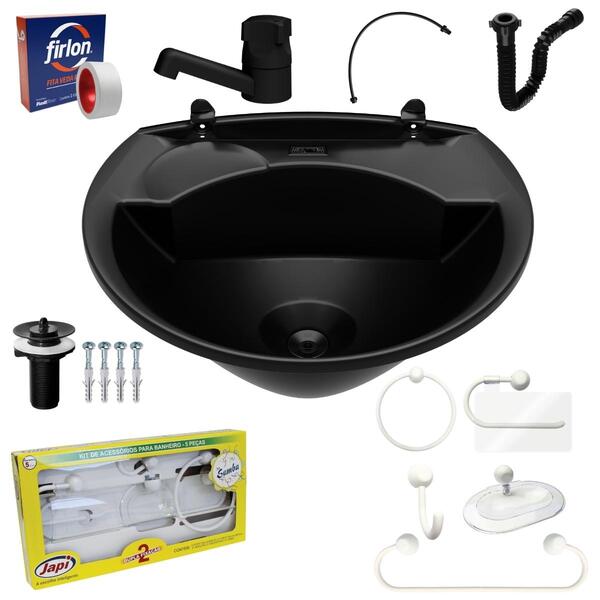 Pia Lavatório Banheiro Plástico 4l Preta + Kit Para Banheiro