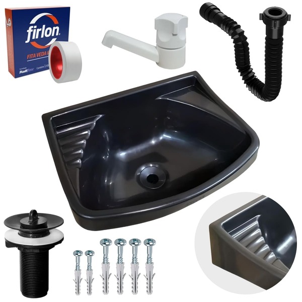 Pia Lavatório Plástico 4,8l Preta + Sifão Sanfonado Universal