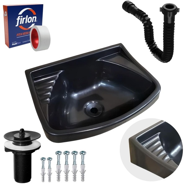 Pia Lavatório Plástico 4,8l Preta + Sifão Sanfonado Universal