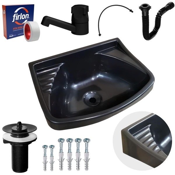 Pia Lavatório Plástico 4,8l Preta + Sifão Sanfonado Universal