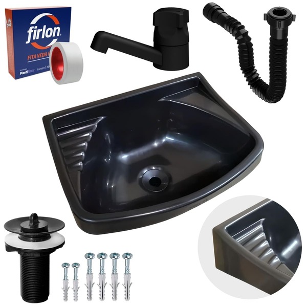 Pia Lavatório Plástico 4,8l Preta + Sifão Sanfonado Universal