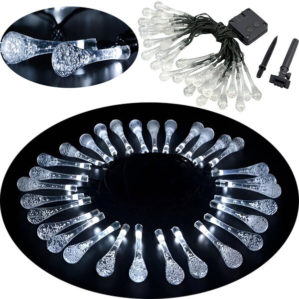 Pisca Cordão Natalino Solar Jardim 20 Gotas Led Branco De 5m