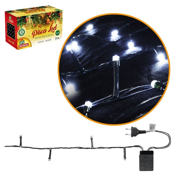 Pisca Pisca 100 Leds Branco Frio 8m Fio Verde - 127v