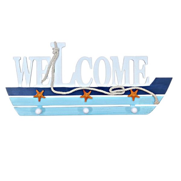 Placa Bem Vindo Design Barco de Madeira Estrela do Mar Decora