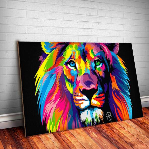 Placa Decorativa Animais 25 Leão Colorido Mdf 30x45cm