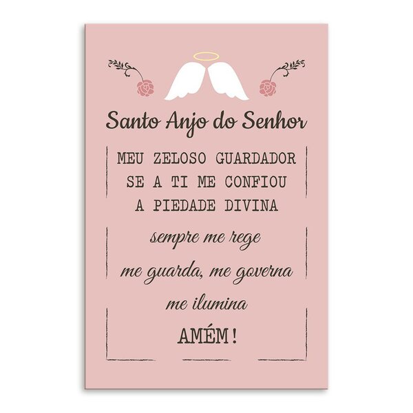 Placa Decorativa Em Mdf Oração Santo Anjo Rosa 20x30