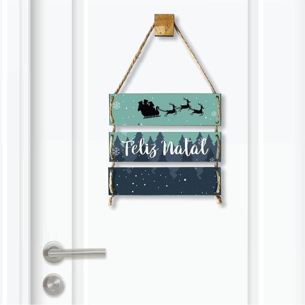 Placa Decorativa Feliz Natal Renas Puxando Papai Noel Com Cor