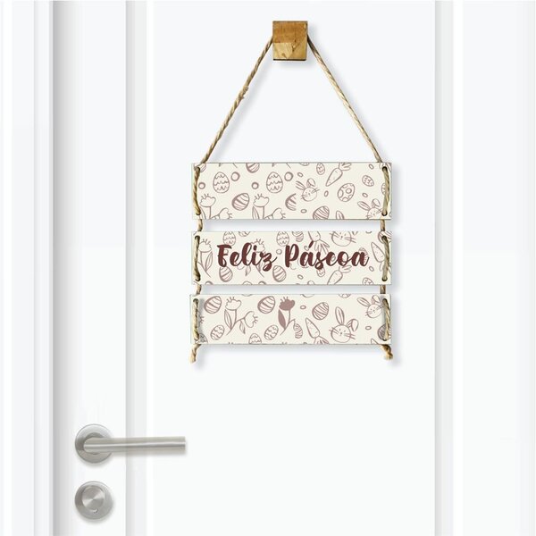 Placa Decorativa Feliz Páscoa E Coelhinho Bege Com Corda Sisa