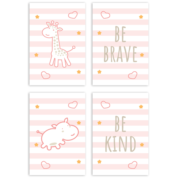 Placa Decorativa Girafa e Hipopótamo Rosa Kit 4un 30X40cm