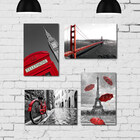 Placa Decorativa MDF Cidades Detalhe Vermelho Kit 4un 30x40