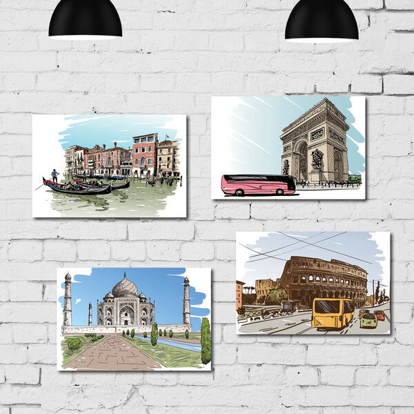 Placa Decorativa MDF Cidades em Gravuras Kit 4un 30x40cm