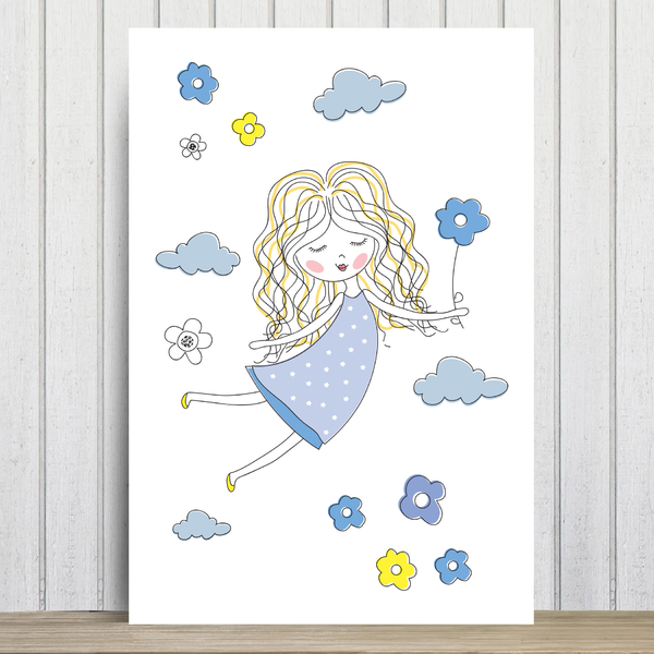 Placa Decorativa MDF Infantil Menina e Flores Azuis 30x40cm