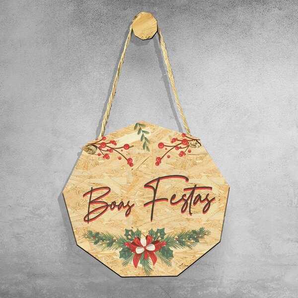 Placa Decorativa Osb Com Corda Sisal Boas Festas Ramos Natal