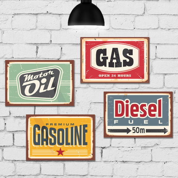 Placa Decorativa Vintage Carros Gasolina 4un MDF 20x30cm