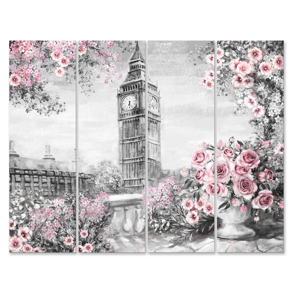 Placa Painel Decorativa em MDF Foto Londres Flores Kit 4 Plac