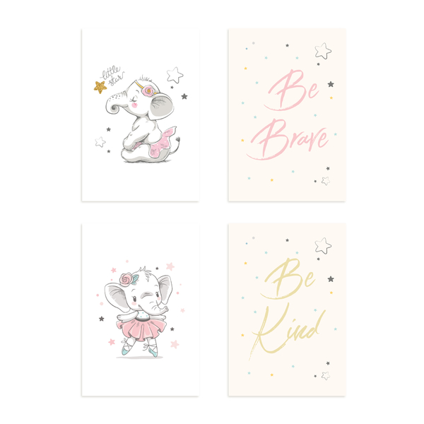 Placas Decorativas Elefante Rosa Para Quarto 20x30cm Kit 4un