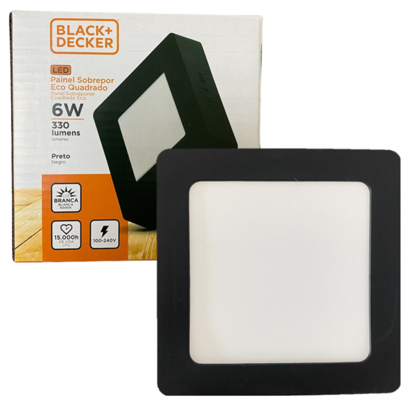 Plafon Quadrado Sobrepor 6w Preto Branco Frio 6500k