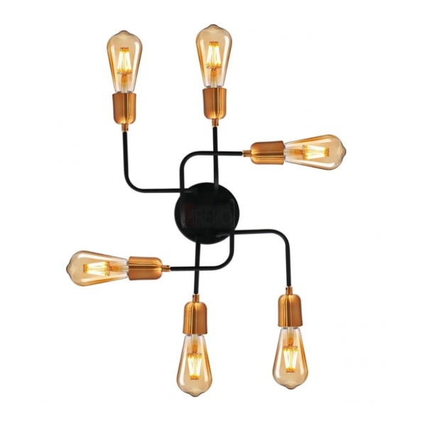 Plafon Sobrepor Industrial Para 6 Lâmpadas Preto Com Cobre Pi
