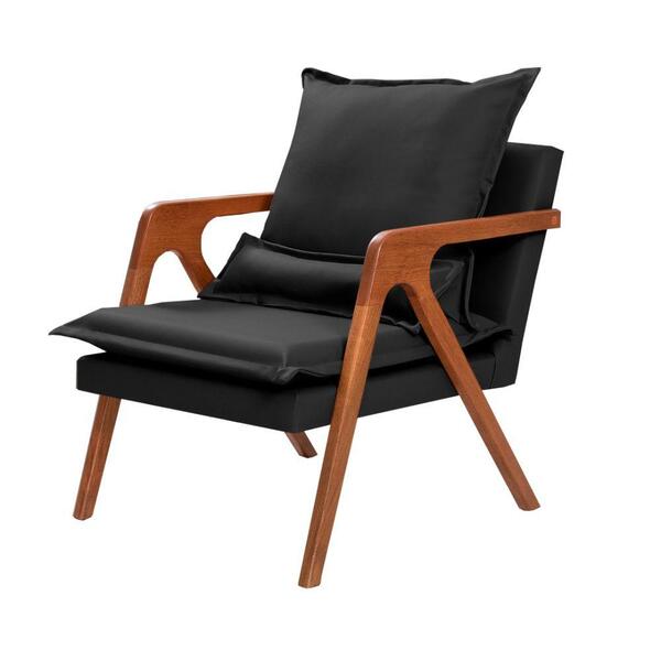 Poltrona 040 Milano Couro Preto Com Braço De Madeira