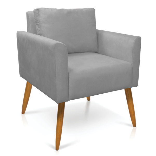 Poltrona Aline Suede Cinza Pés Palito Castanho