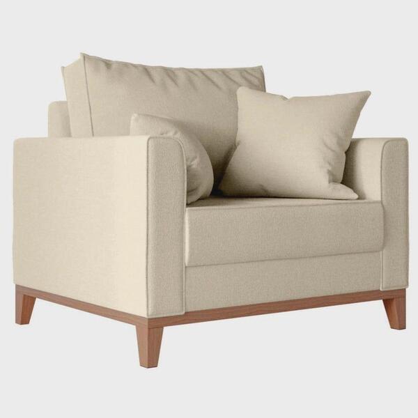 Poltrona Amamentação Base E Pés Madeira Maciça Linho Bege