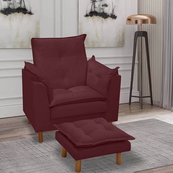 Poltrona Amamentação E Puff Bela Veludo Bordô Pés Palito Tana