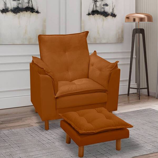 Poltrona Amamentação E Puff Bela Veludo Caramelo Pés Palito T