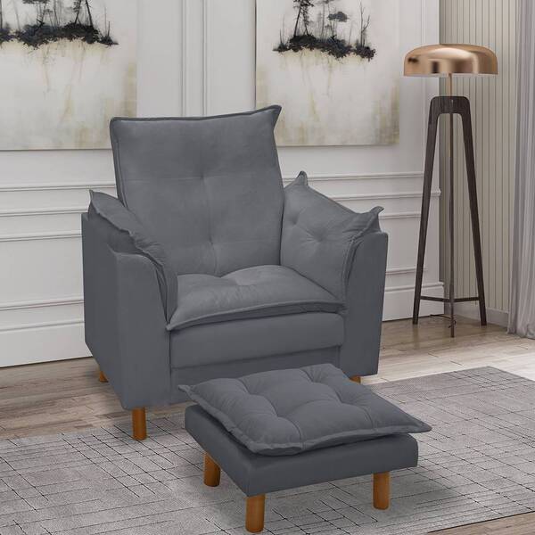 Poltrona Amamentação E Puff Bela Veludo Grafite Pés Palito Ta