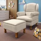 Poltrona Amamentação Fixa Com Puff Baú Linho Bege