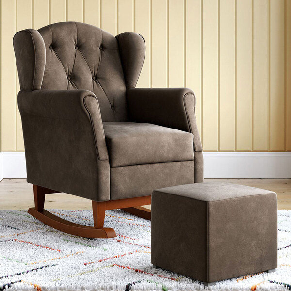 Poltrona Amamentação Leticia Com Puff Quadrado Balanço Veludo